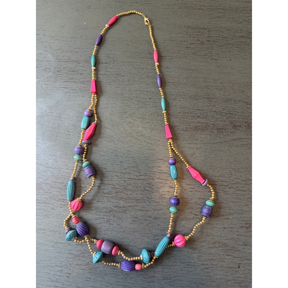 Vintage Multi Strand Beaded Necklace Pink Purple Teal Gold Tone Retro Statement